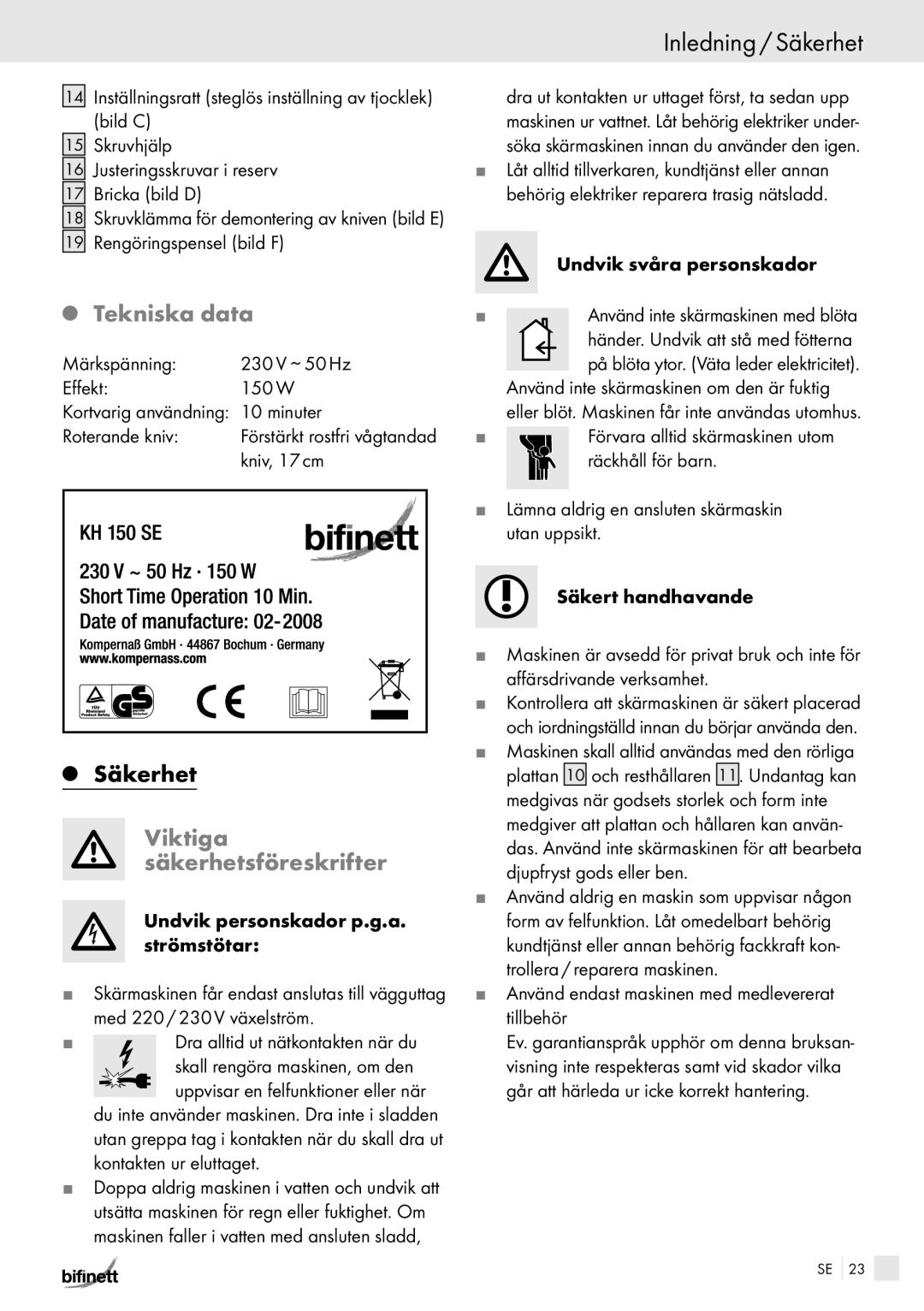 Kompernass KH 150 manual Inledning / Säkerhet, Tekniska data, Viktiga säkerhetsföreskrifter, Rengöringspensel bild F 